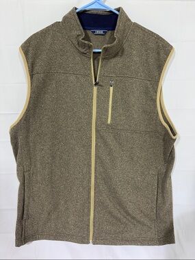 Izod Men's Heathered Brown Full-Zip Fleece Vest with Tan Trim